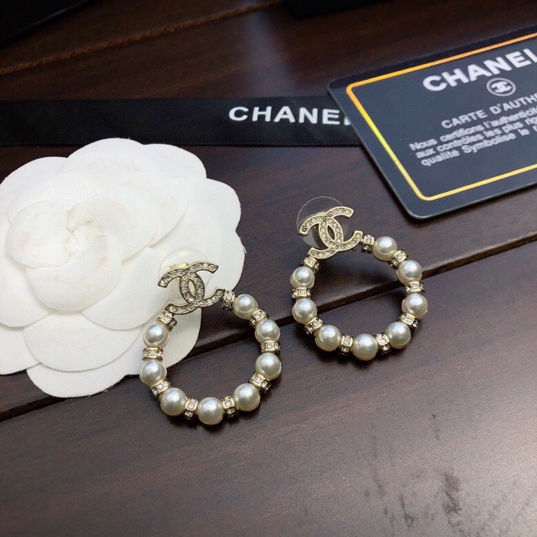 [TOP] CH@NEL Double C Pearl Hoop Earrings Chanel