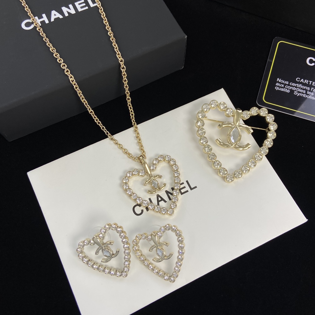 [TOP] CH@NEL Necklace Earrings Brooch Set - Chanel
