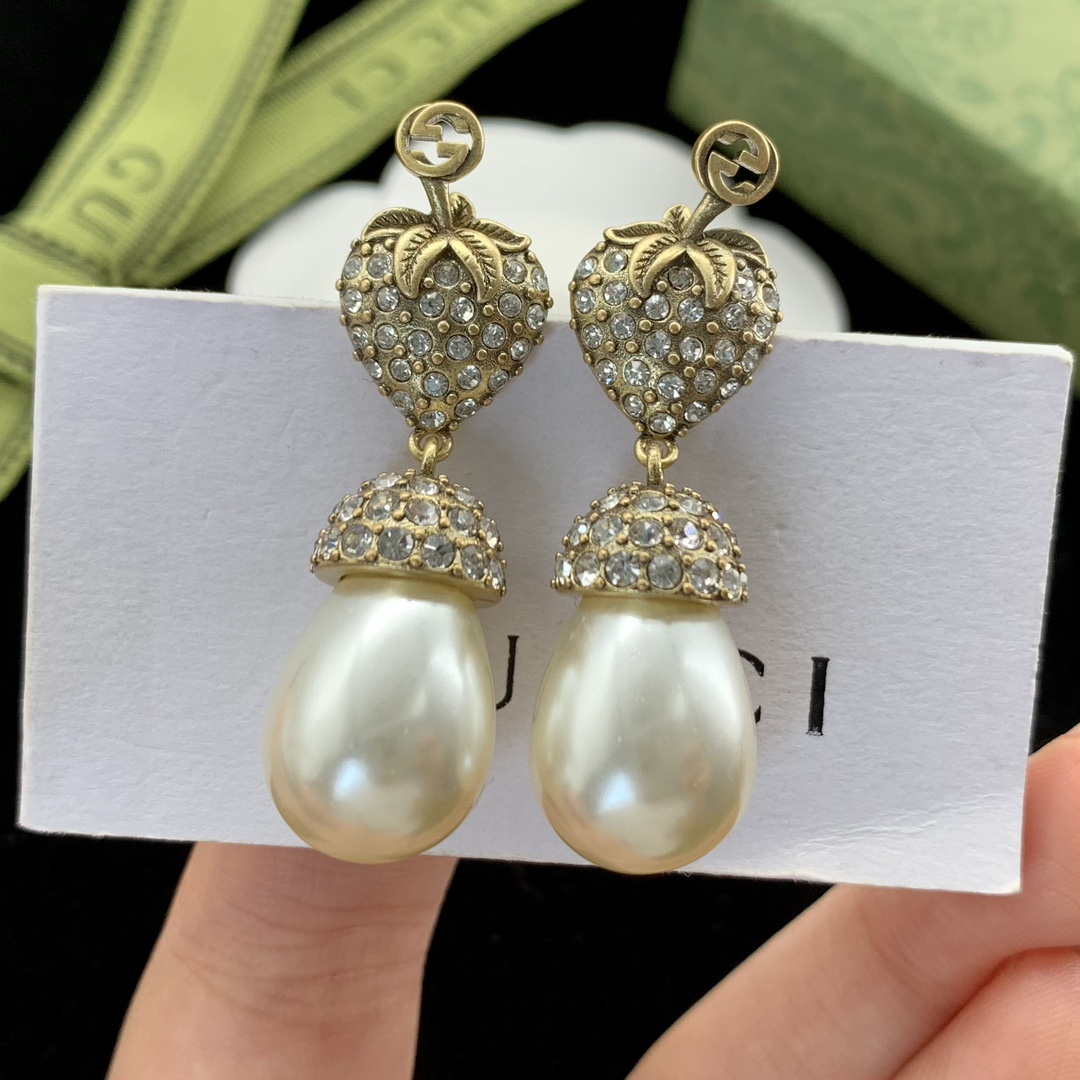 [TOP] GUCC! Drop pearl and diamond earrings - Gold - Gucci
