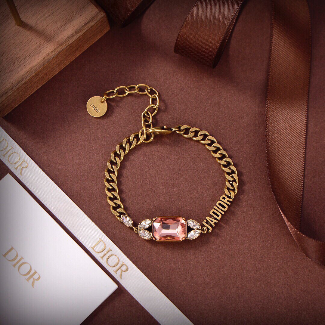 [TOP] D!or Metal Pink Crystal Bracelet - Gold - Christian Dior