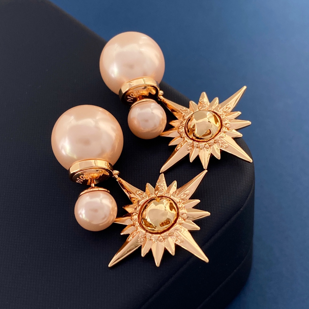 [TOP] D!or  Pearl Back Hanging Beads Hanging Hexagram Earrings - Gold - Christian Dior
