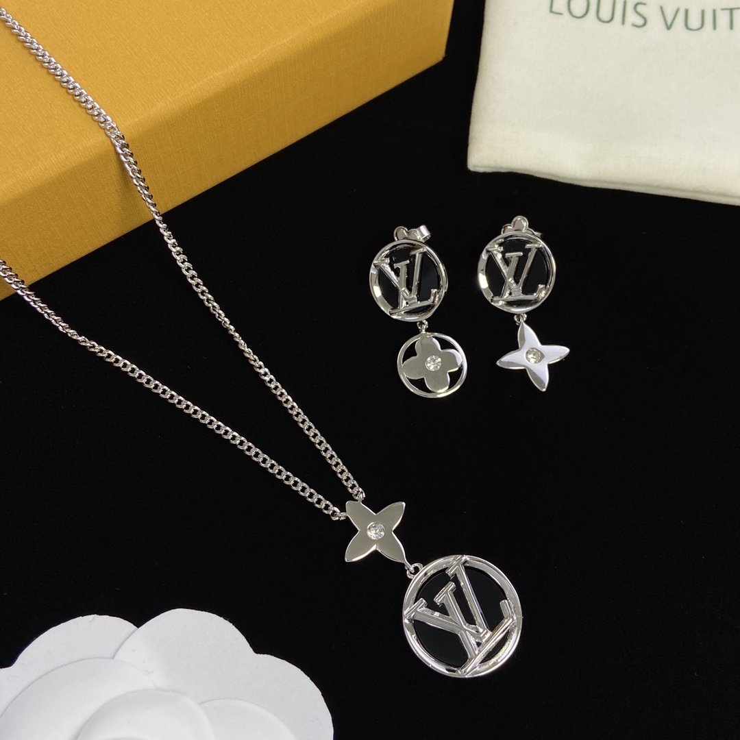 [TOP] L&V Necklace Earrings Set - Silver - LV Louis Vuitton