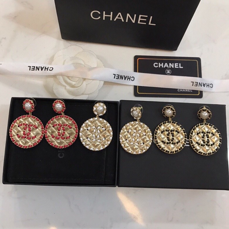 [TOP] CH@NEL Double C Metal Leather Round Stud Earrings - 3 Colors - Chanel