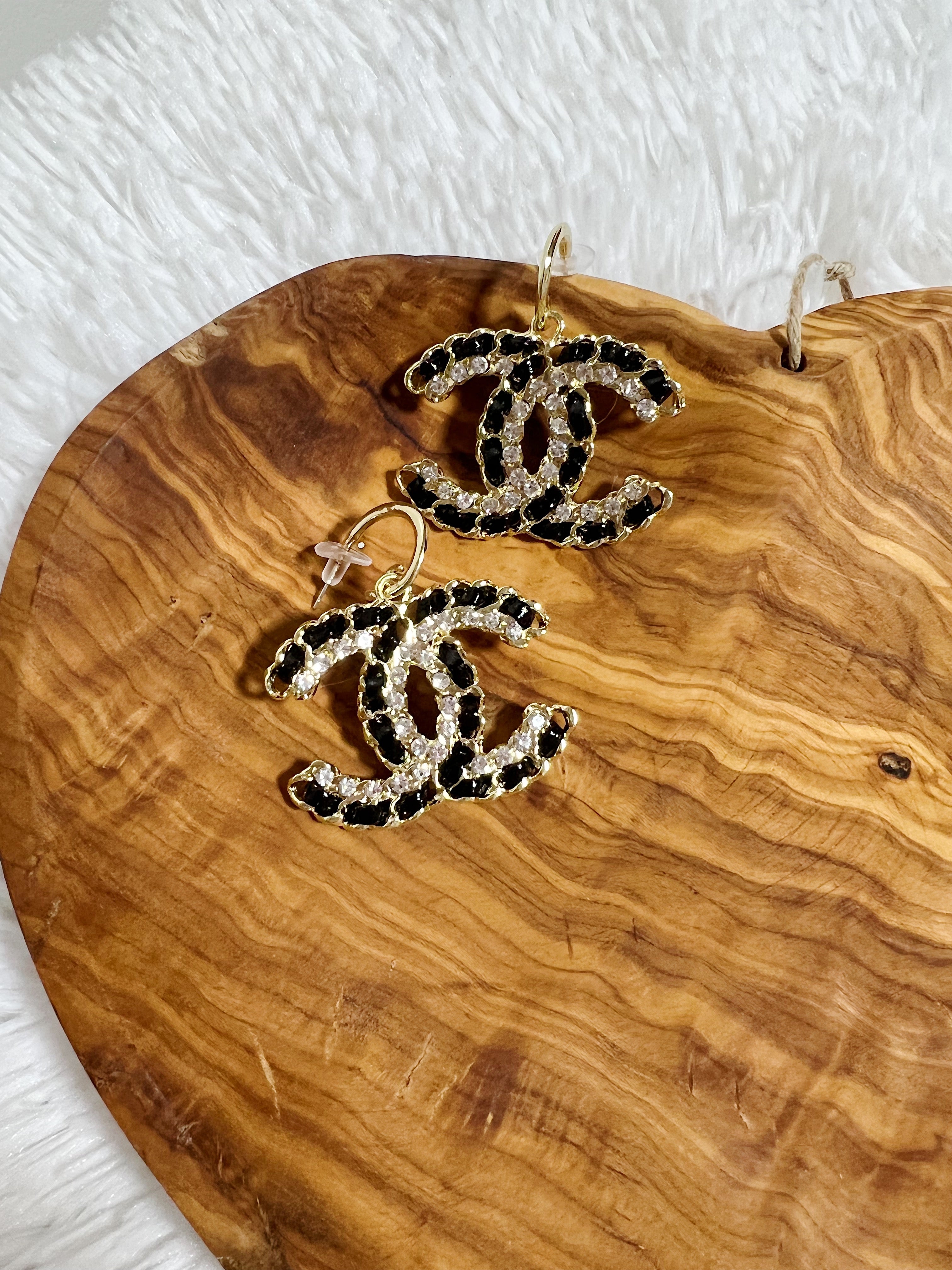 [TOP] CH@NEL Dangle Hoop Earrings W Stones - Black - Chanel