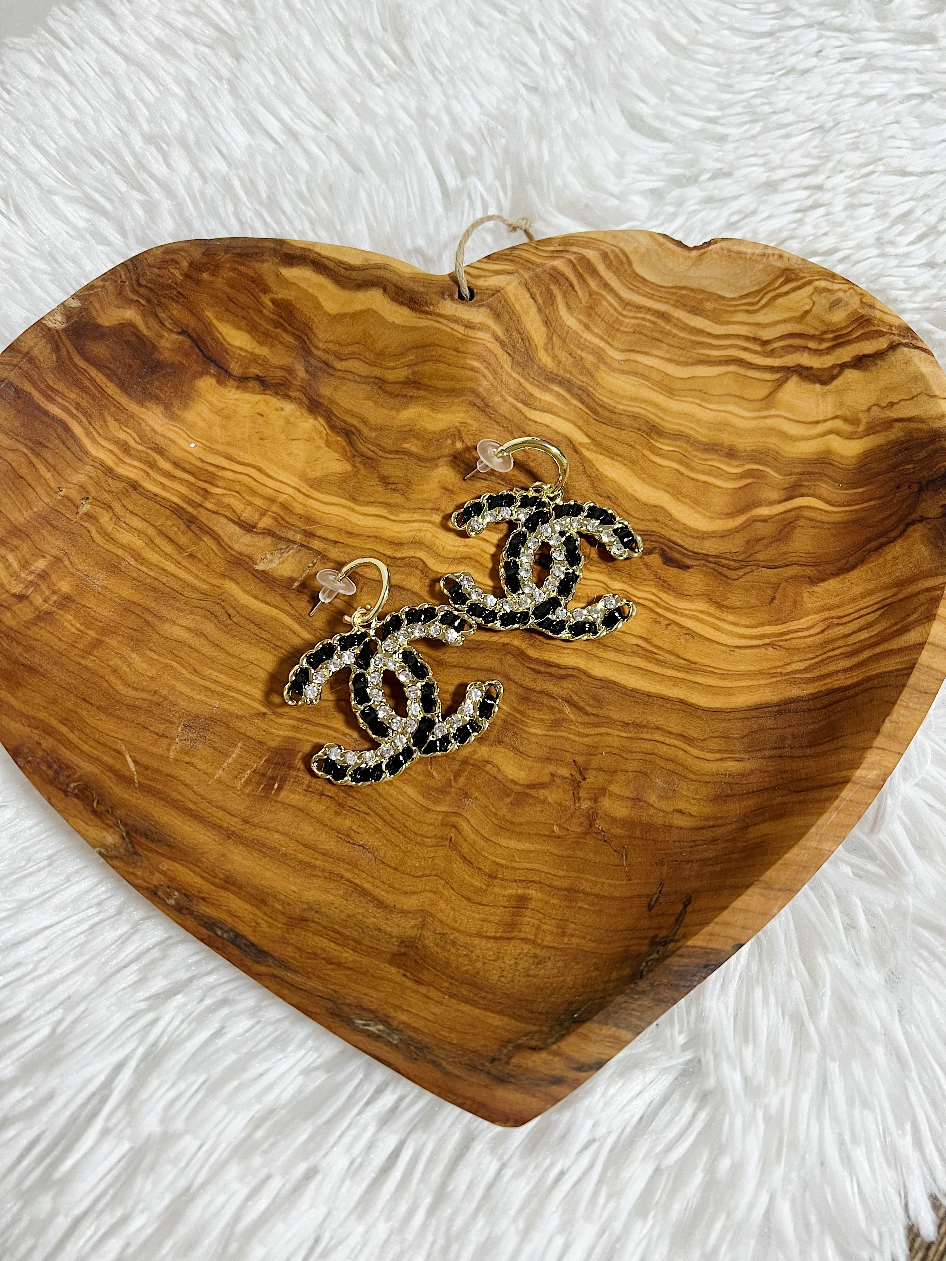 [TOP] CH@NEL Dangle Hoop Earrings W Stones - Black - Chanel