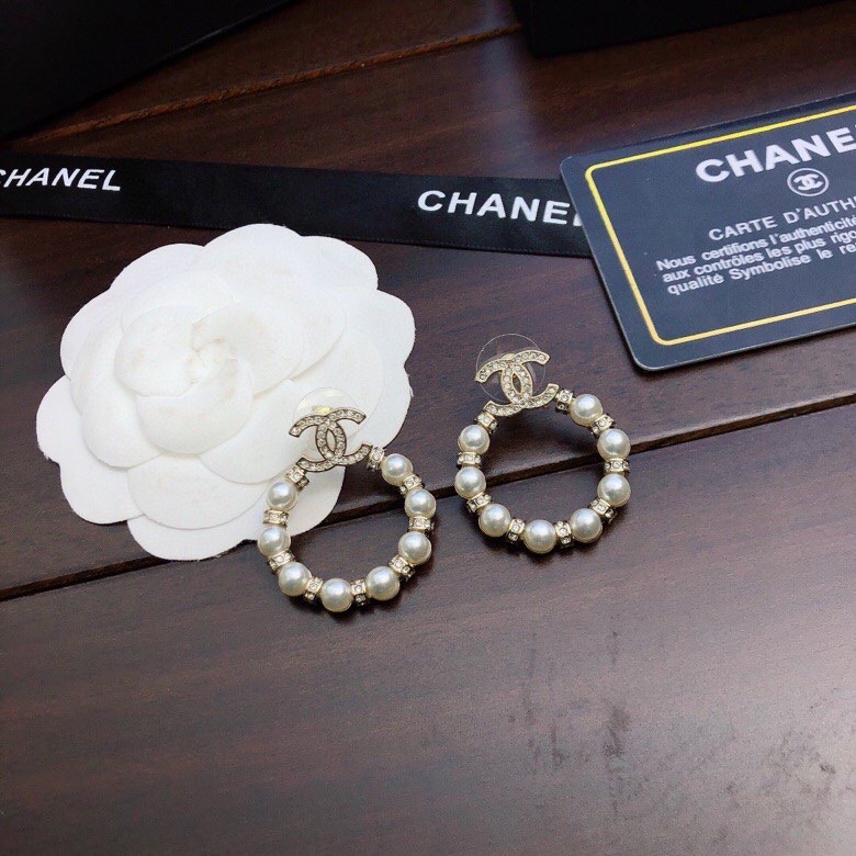 [TOP] CH@NEL Double C Pearl Hoop Earrings Chanel