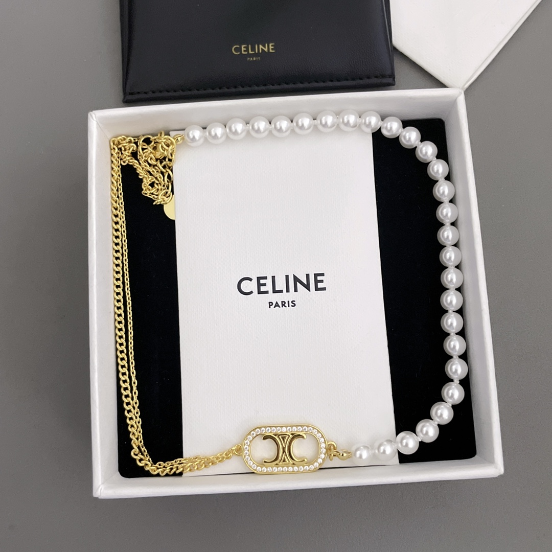 [TOP] CLINE C Side Metal & Pearl Chain Necklace - Celine