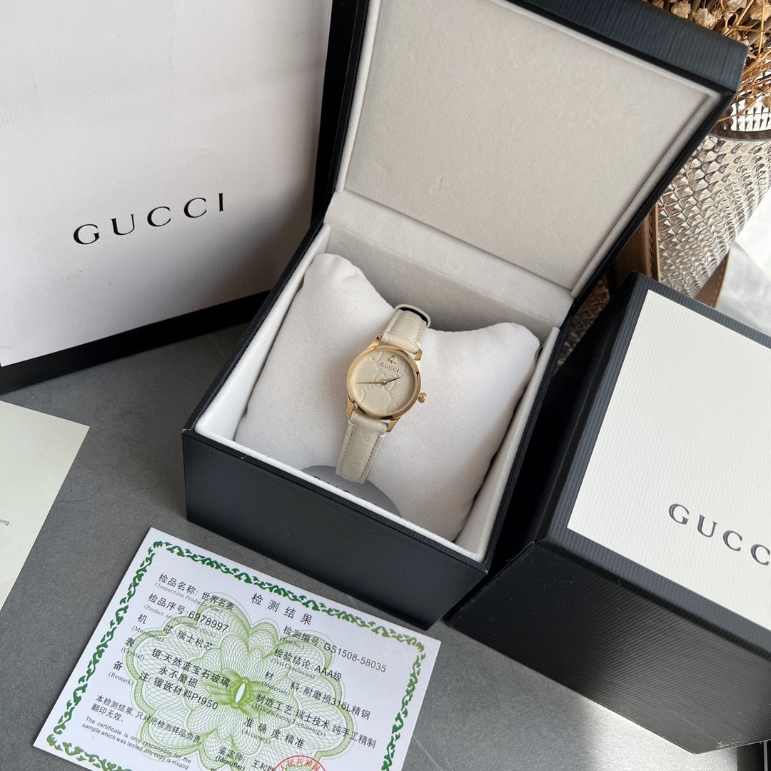[TOP] GUCC! G-Timeless Lady Watch Leather 28mm - White & GOLD - Gucci