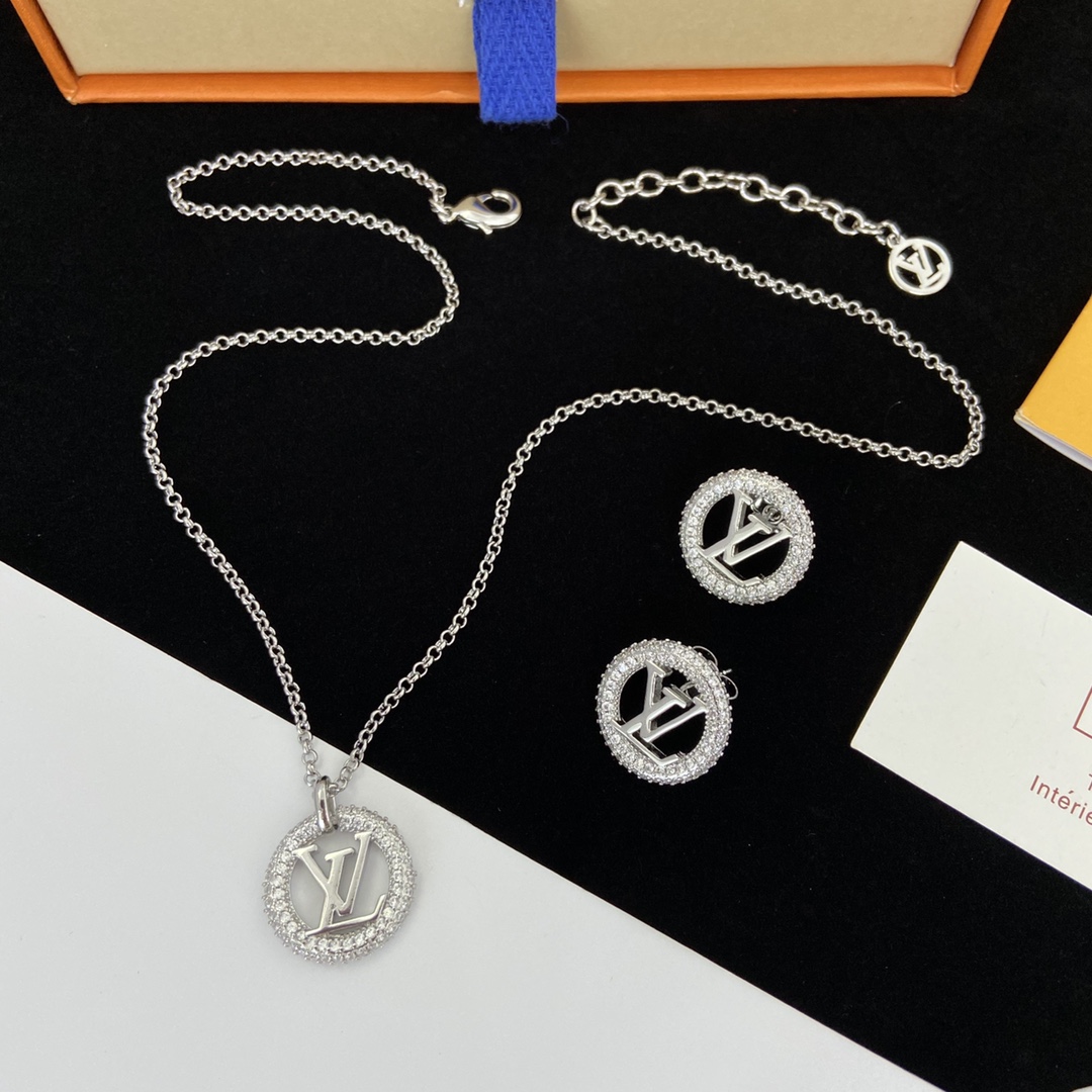 [TOP] L&V LV Necklace Earrings Set - Silver - LV Louis Vuitton