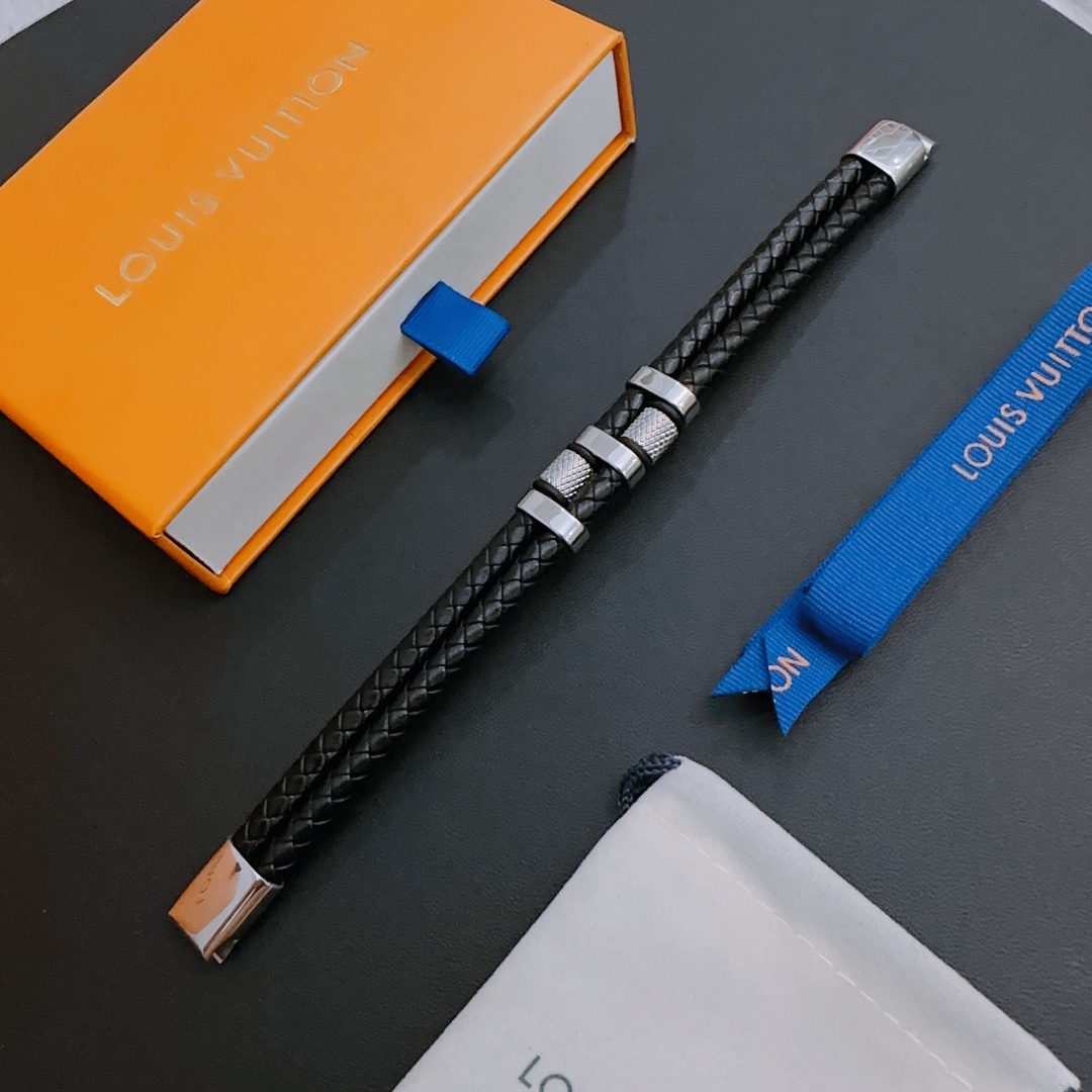 [TOP] L&V Cowhide Bracelet - Black - LV Louis Vuitton