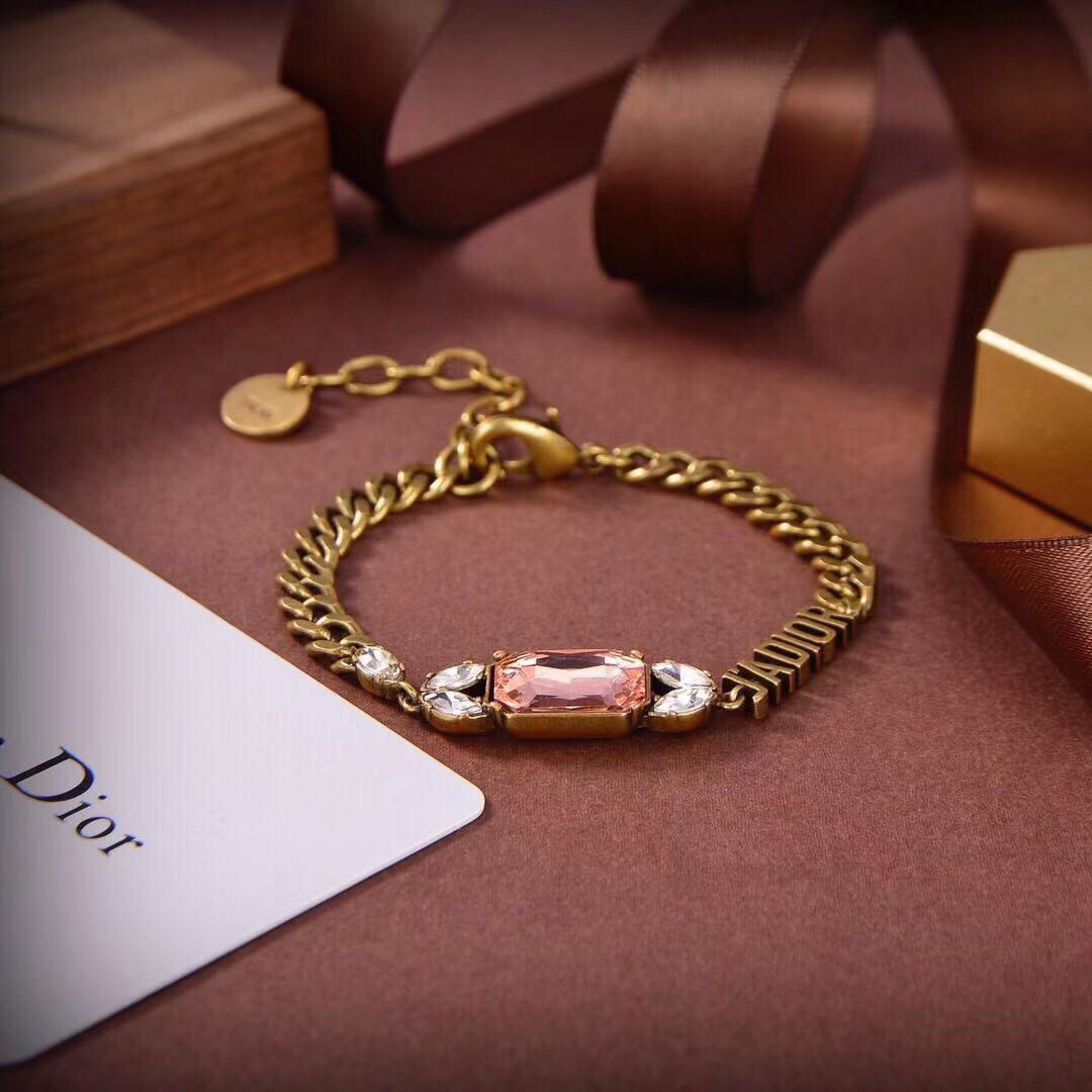 [TOP] D!or Metal Pink Crystal Bracelet - Gold - Christian Dior