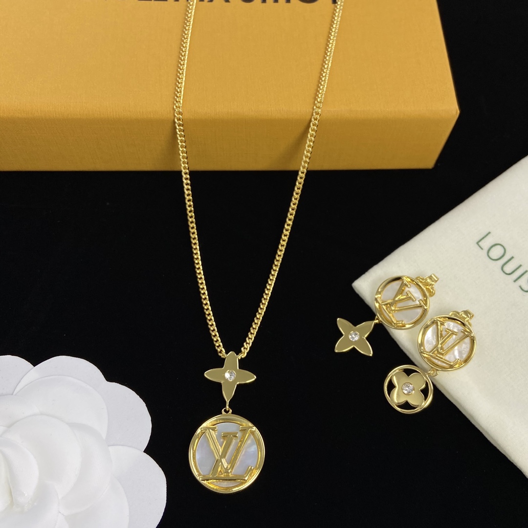 [TOP] L&V Necklace Earrings Set - Gold - LV Louis Vuitton