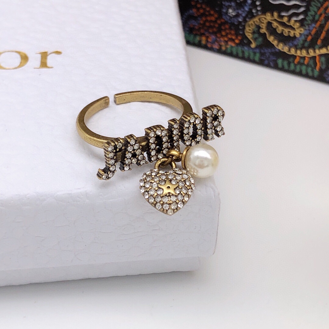[TOP] D!or R letter with diamonds open Rings - Brass - Christian Dior