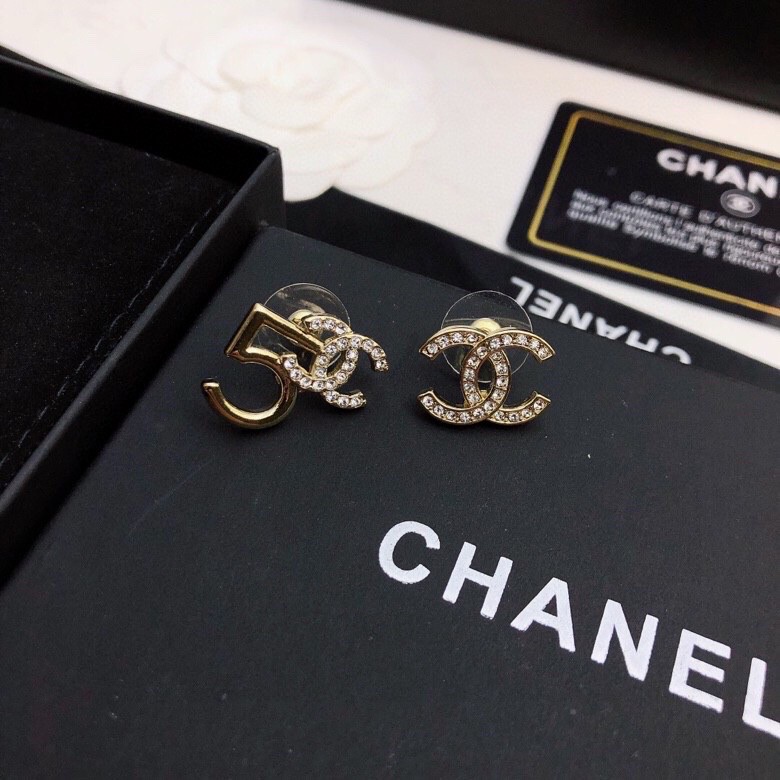 [TOP] CH@NEL Double C Number 5 Irregular Stud Earrings Chanel