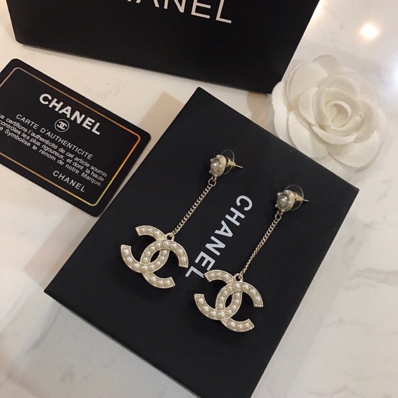 [TOP] CH@NEL Double C Metal Chain Stud Earrings Chanel