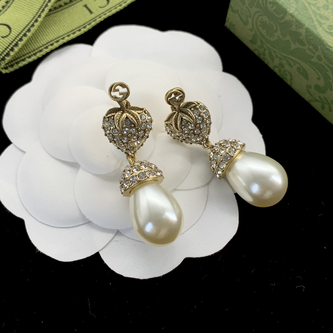 [TOP] GUCC! Drop pearl and diamond earrings - Gold - Gucci