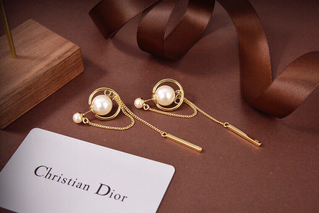 [TOP] D!or pearl gold chain earrings Christian Dior
