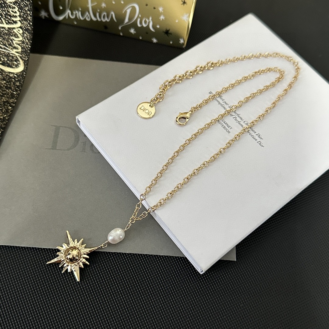 [TOP] D!or Metal Sun Shape Pearl Stud Necklace Christian Dior