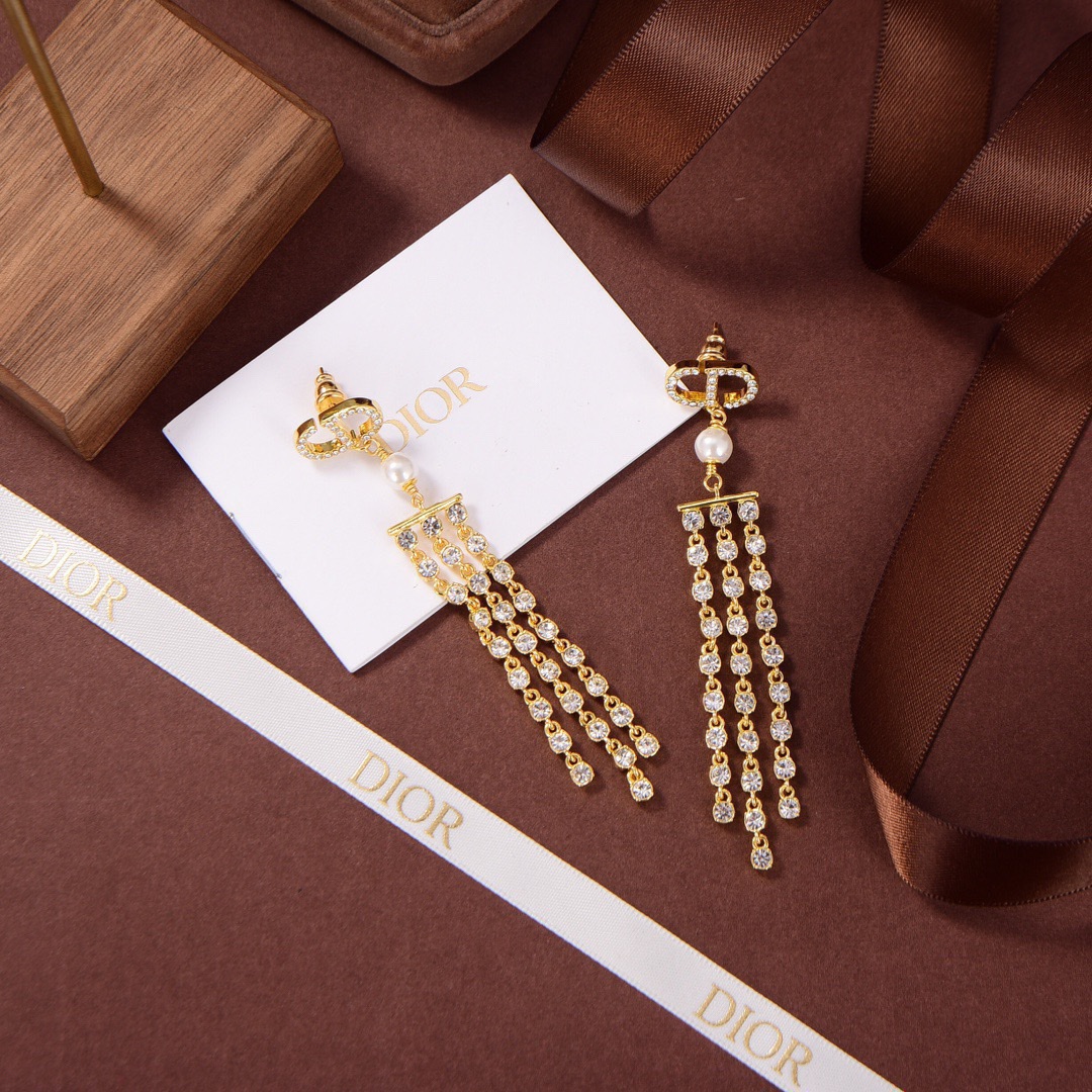 [TOP] D!or Tassel Brass Diamond earrings - Gold - Christian Dior