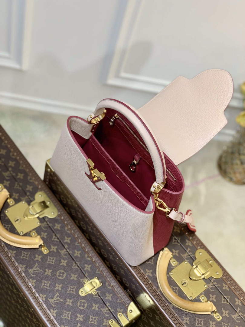 LV M58610 Louis Vuitton Capucines MM Handbag Beige and Wine red