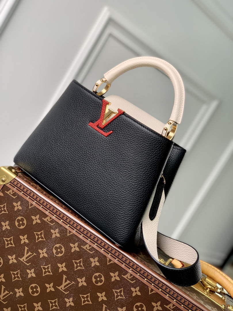 LV M21043 Louis Vuitton Capucines BB Handbag Black / Greige Doux / Scarlet
