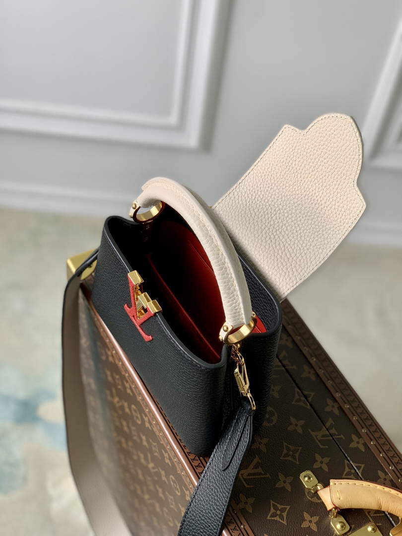 LV M21043 Louis Vuitton Capucines Mini Handbag Black / Greige Doux / Scarlet