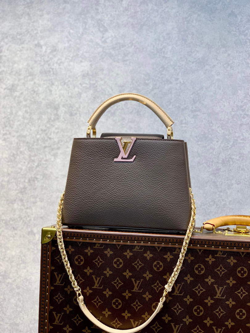 LV M59512 Louis Vuitton Capucines BB Bag Smokey Brown Green/Cr��me/Pink