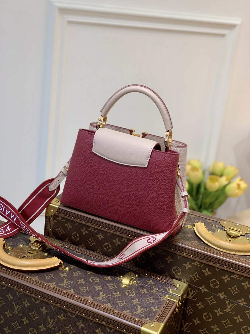 LV M58611 Louis Vuitton Capucines BB Handbag Beige and Wine red