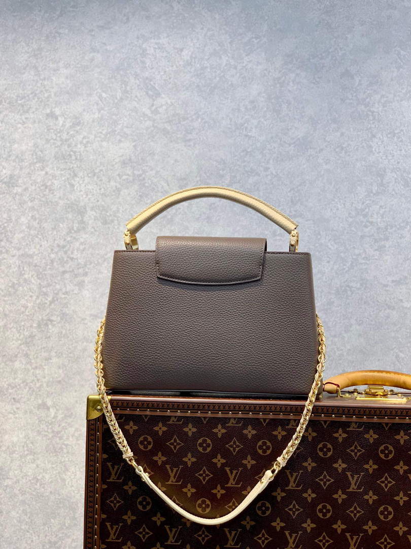 LV M59516 Louis Vuitton Capucines MM Handbag Smokey Brown Green/Cr��me/Pink