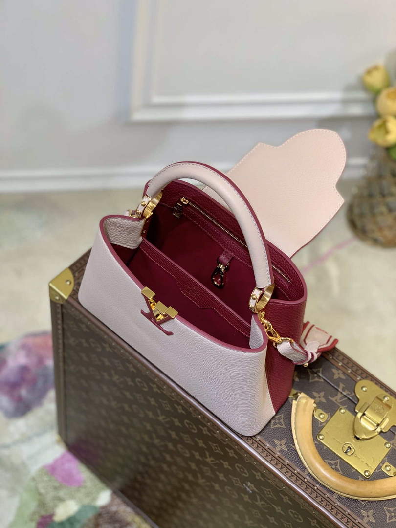 LV M58611 Louis Vuitton Capucines BB Handbag Beige and Wine red