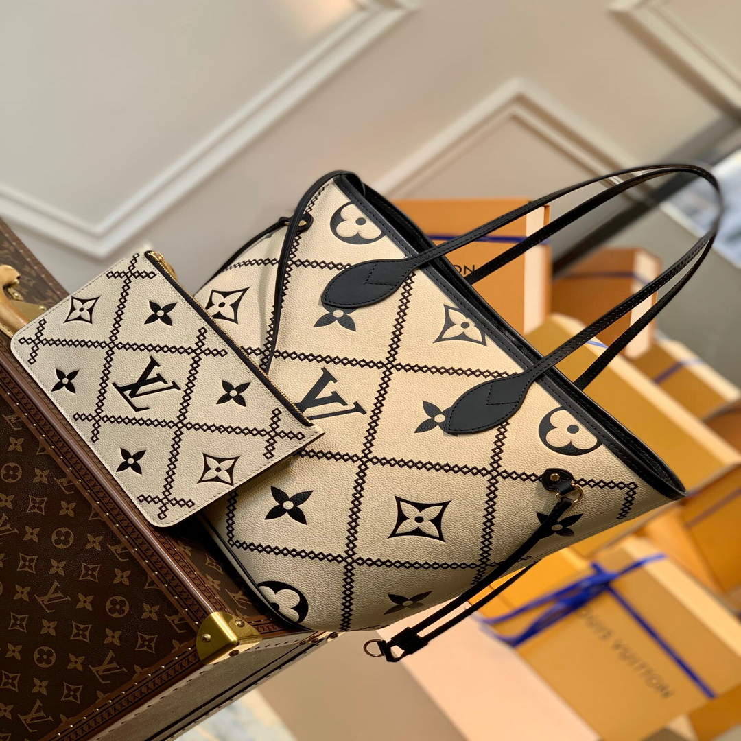 LV M46039 Louis Vuitton Neverfull MM Tote Monogram Bag M46040 Cr��me Beige