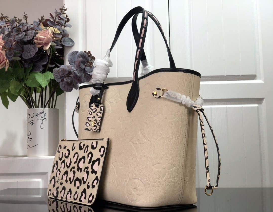 LV M58525 Louis Vuitton Neverfull MM Monogram Empreinte Leather Bag M45856 Creme