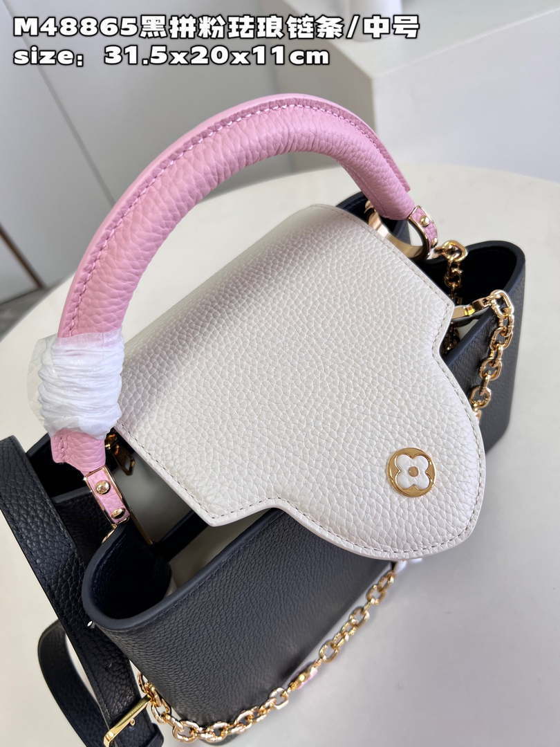LV M22512 Louis Vuitton Capucines MM Black and Rose Pink