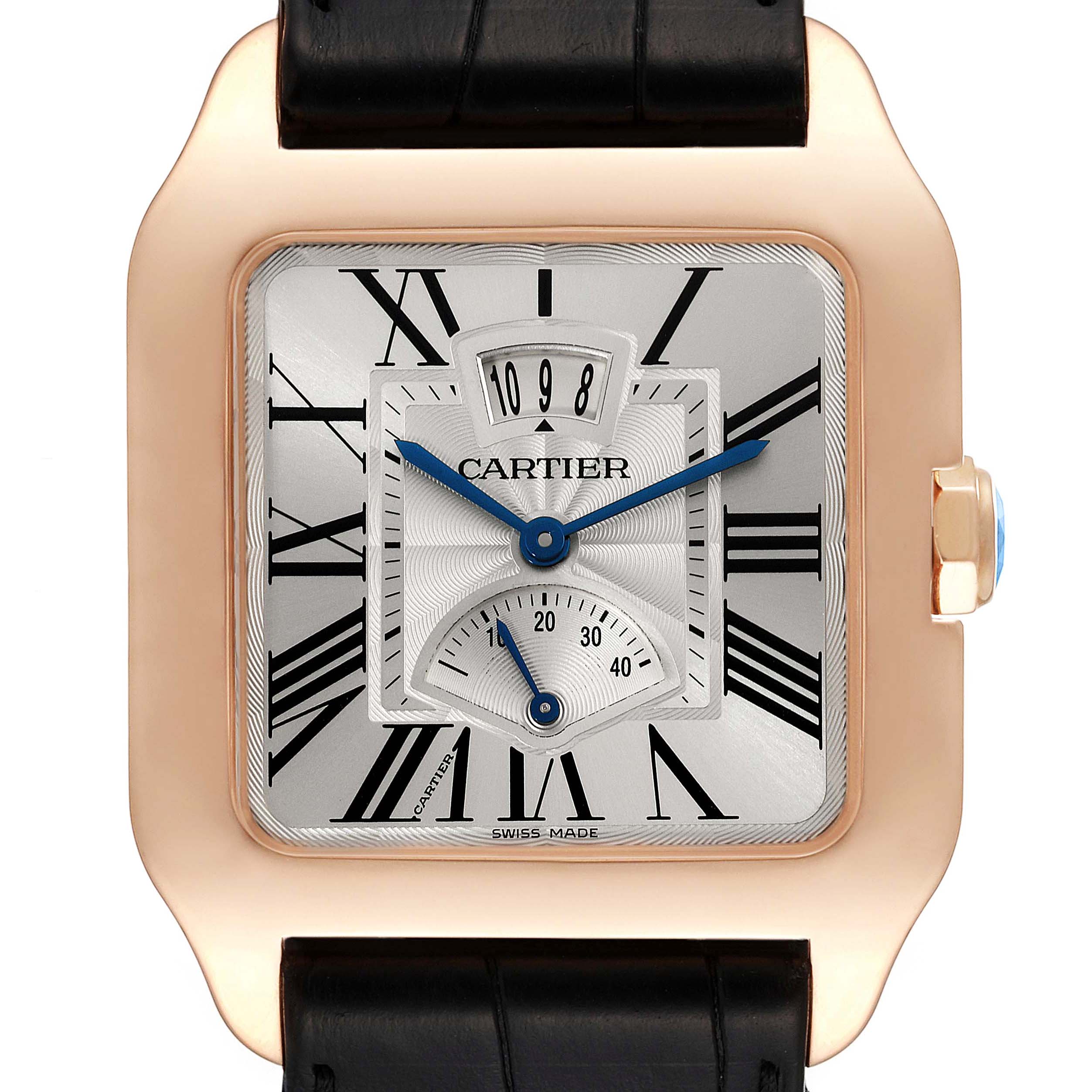 Cartier Santos Dumont Rose Gold Silver Dial Black Strap Mens Watch W2020067