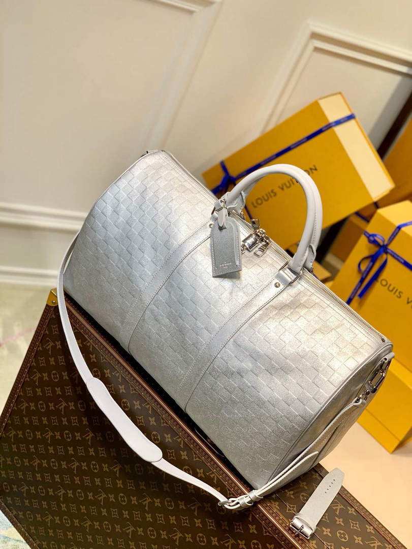 LV N58041 Louis Vuitton Keepall 50B Bandouli��re Bag Silver