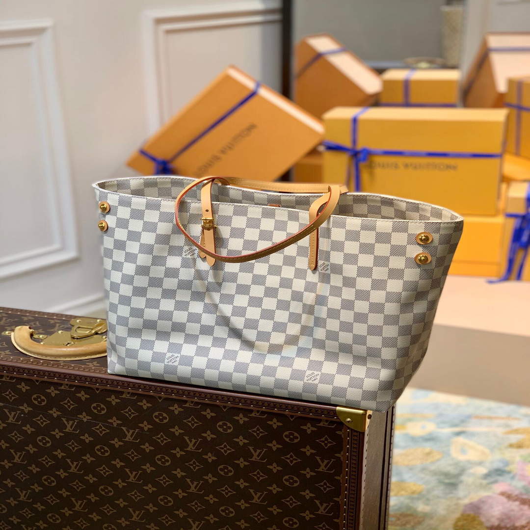 LV N41375 Louis Vuitton Two Tone Plaid Azur Printed Cabas MM Tote Bag