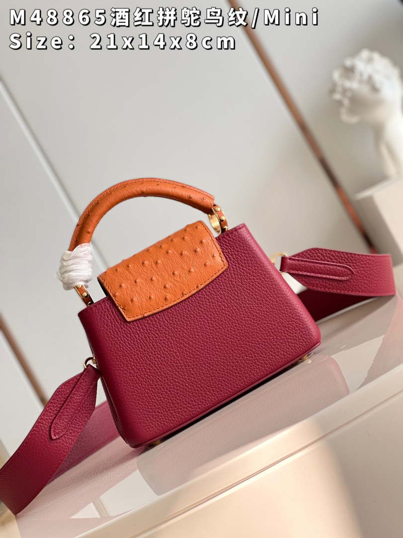 LV M48865 Louis Vuitton Capucines Mini Bag Stitched ostrich leather Wine Red