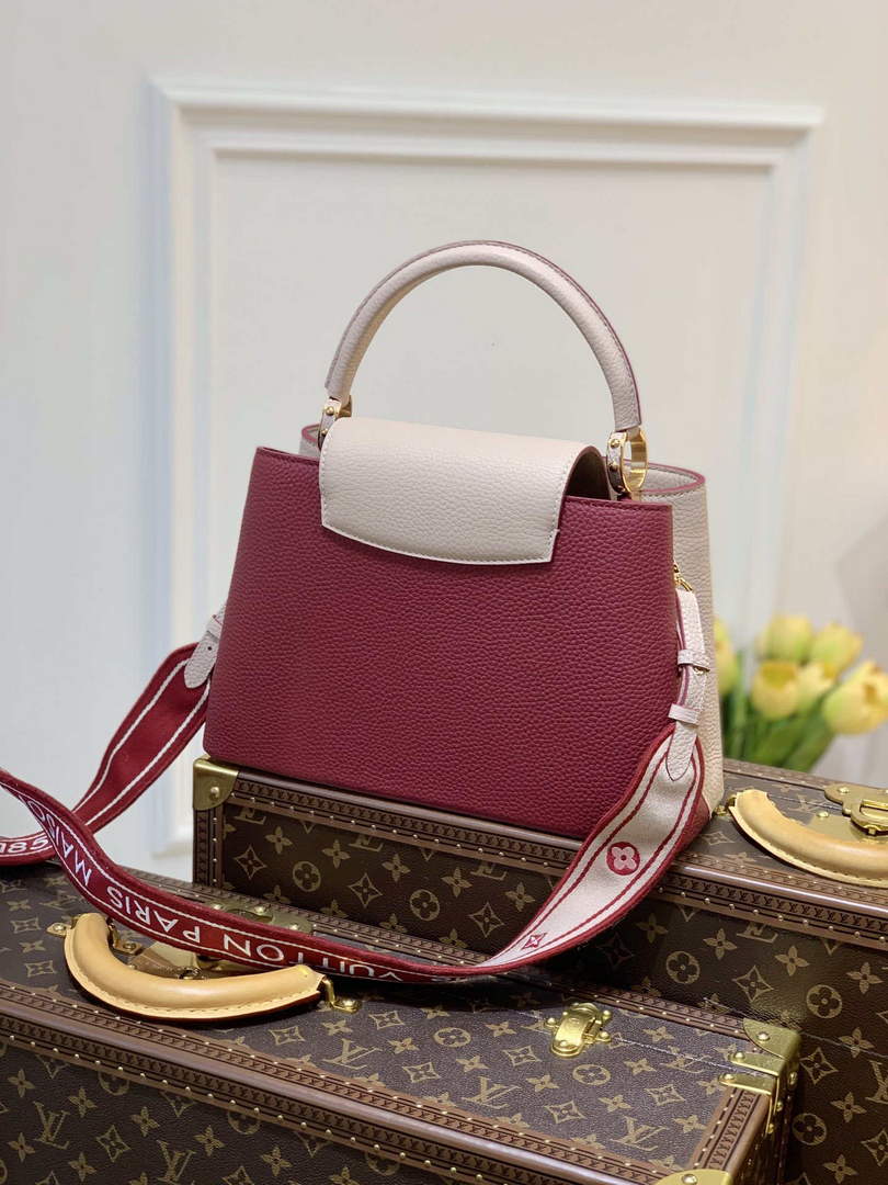 LV M58610 Louis Vuitton Capucines MM Handbag Beige and Wine red