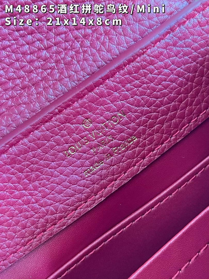 LV M48865 Louis Vuitton Capucines Mini Bag Stitched ostrich leather Wine Red