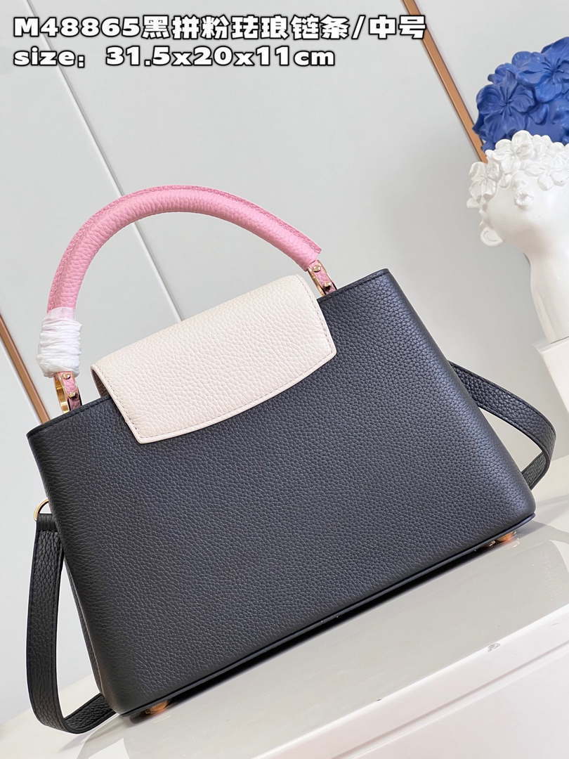 LV M22512 Louis Vuitton Capucines MM Black and Rose Pink