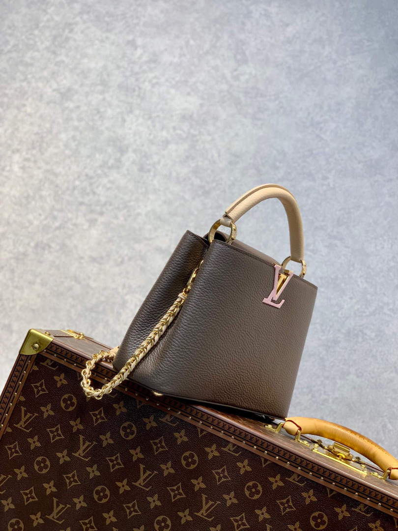 LV M59512 Louis Vuitton Capucines BB Bag Smokey Brown Green/Cr��me/Pink