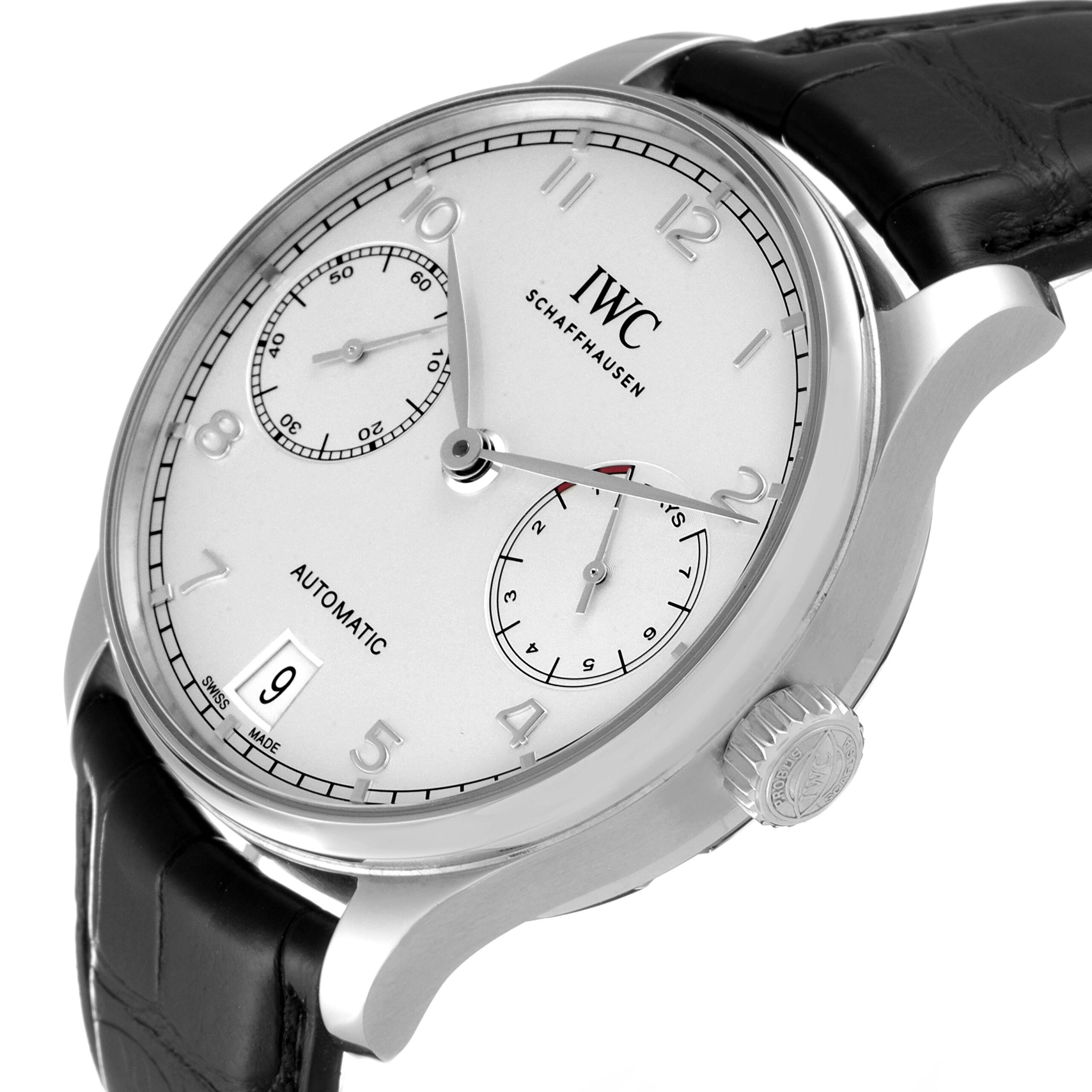 IWC Portuguese 7 Day Steel Silver Dial Mens Watch IW500712 Box Card