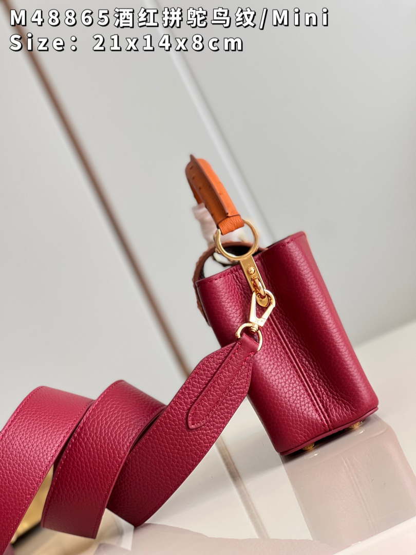LV M48865 Louis Vuitton Capucines Mini Bag Stitched ostrich leather Wine Red