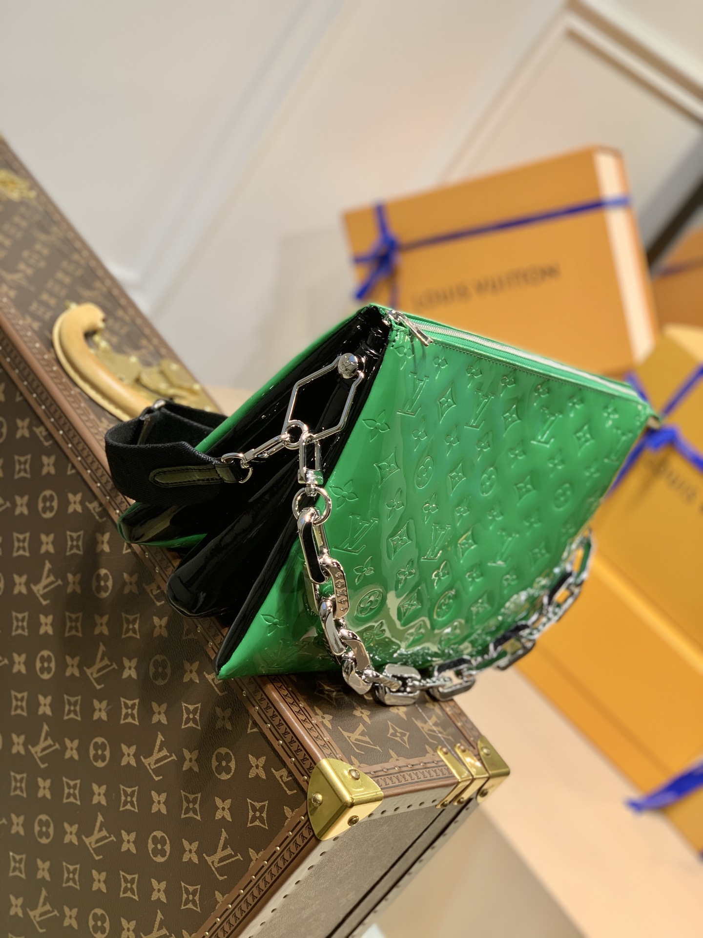 LV M57783 Louis Vuitton Coussin MM Embossed puffy Green Patent Leather