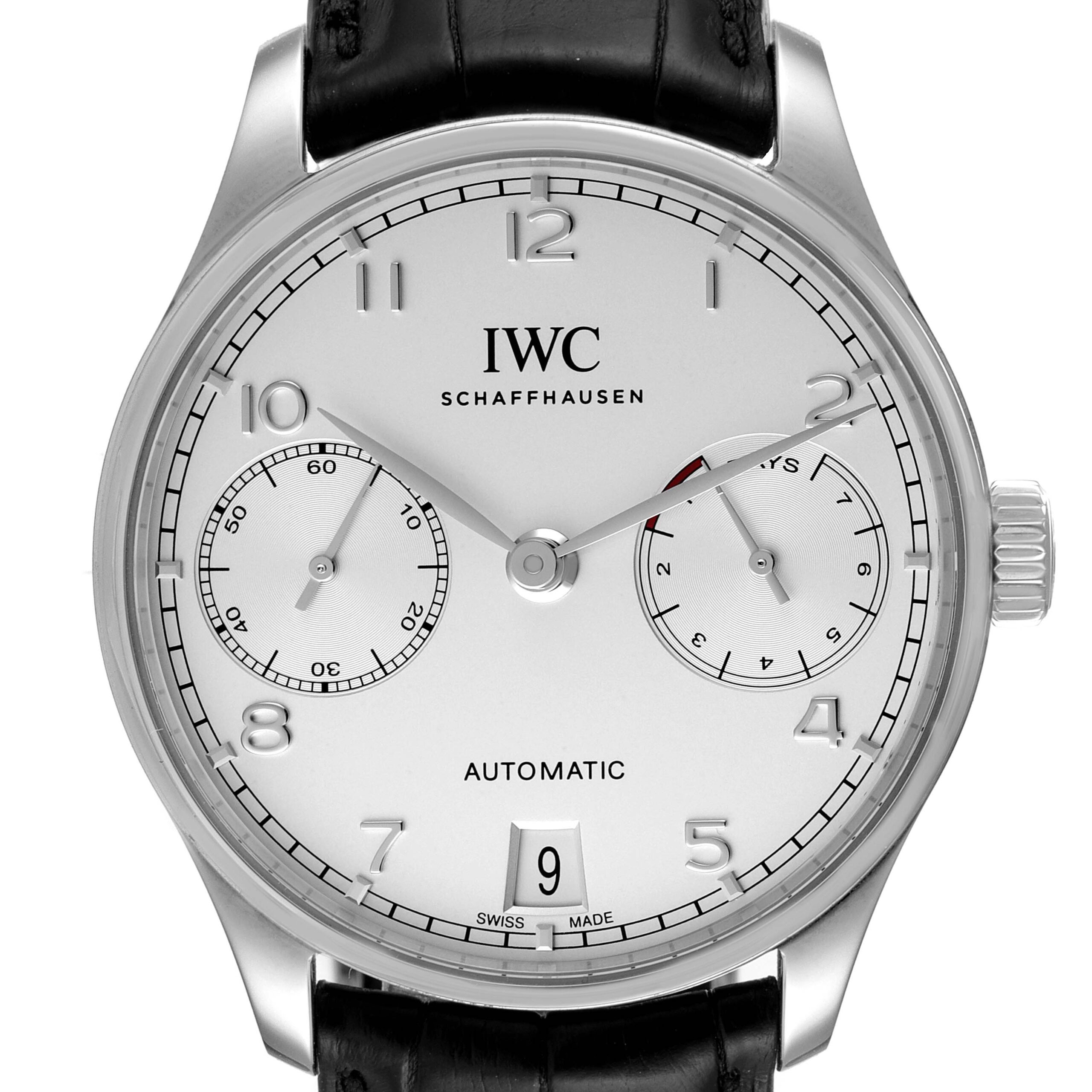 IWC Portuguese 7 Day Steel Silver Dial Mens Watch IW500712 Box Card