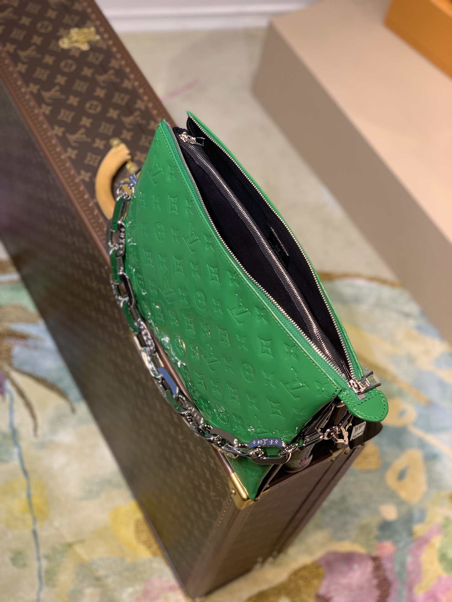 LV M57783 Louis Vuitton Coussin MM Embossed puffy Green Patent Leather