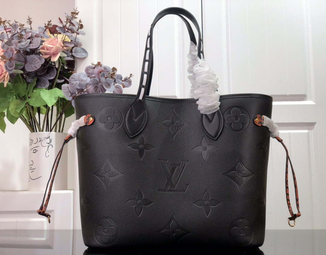 LV M45856 Louis Vuitton Neverfull MM Monogram Empreinte Leather M58525 Bag Black