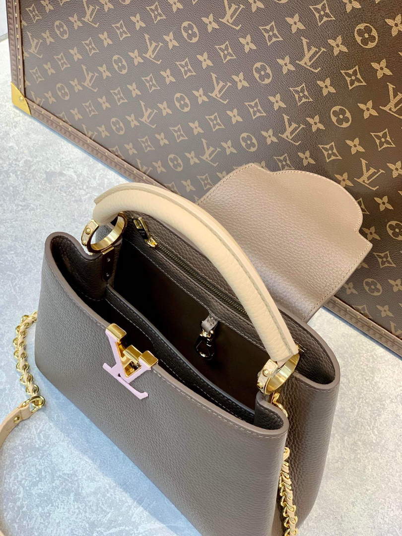 LV M59512 Louis Vuitton Capucines BB Bag Smokey Brown Green/Cr��me/Pink