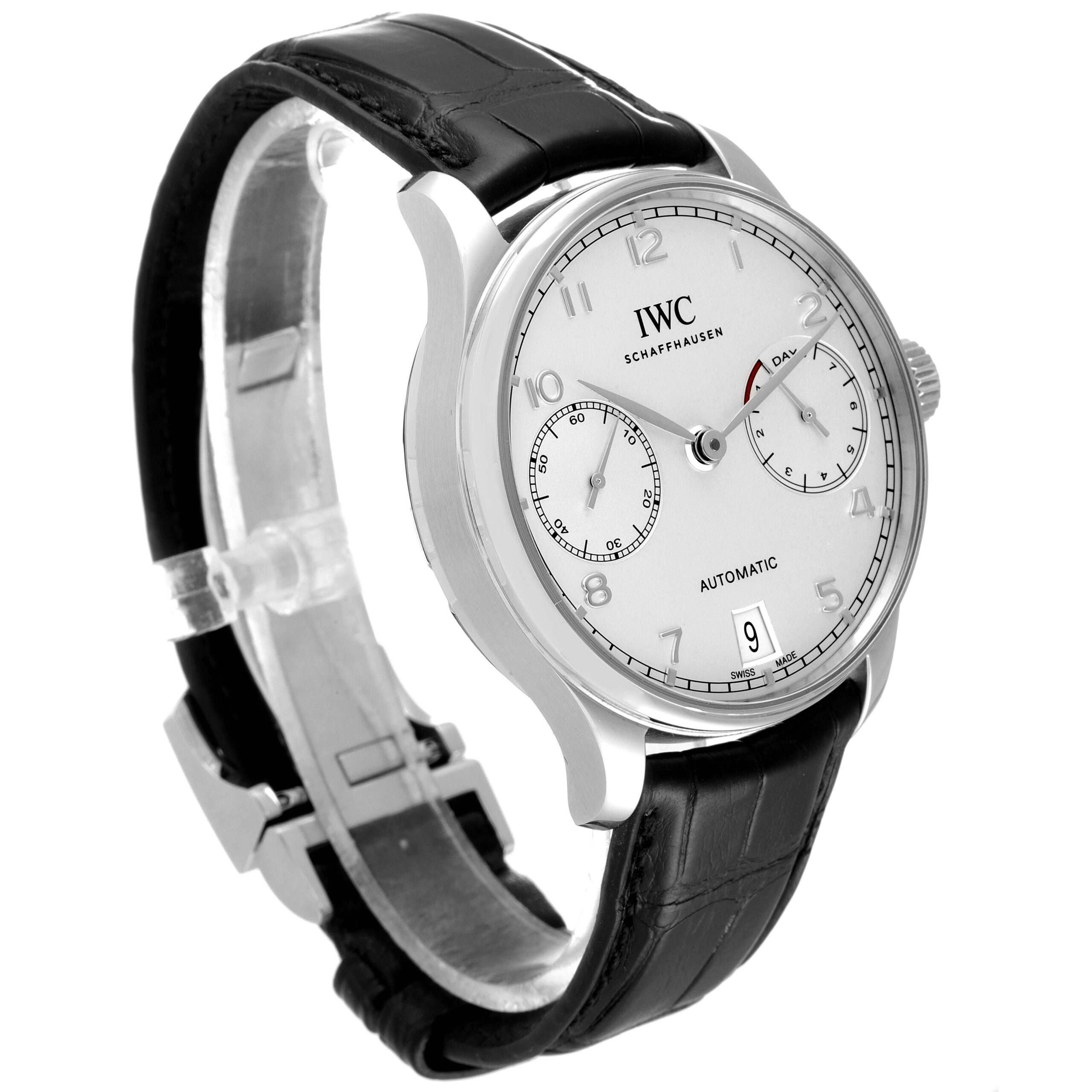 IWC Portuguese 7 Day Steel Silver Dial Mens Watch IW500712 Box Card