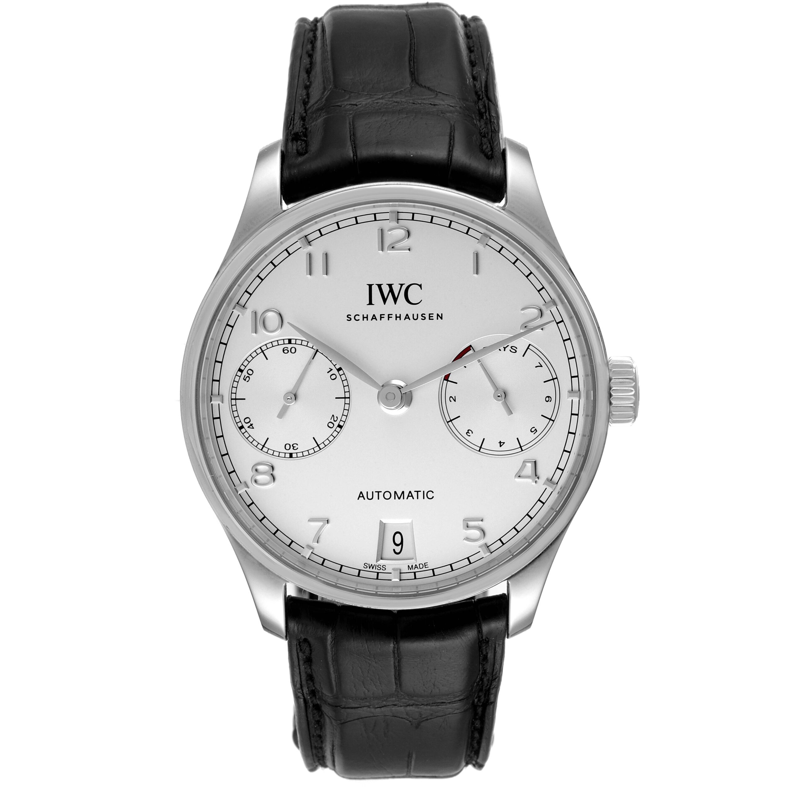 IWC Portuguese 7 Day Steel Silver Dial Mens Watch IW500712 Box Card